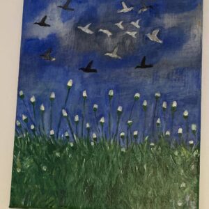 Painting of birds flying over a green spring field with flower buds by Joël Lesdema