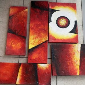 Abstract textured painting in five red and yellow panels by Joël Lesdema