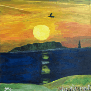 A sunset painting over the sea with a glowing sun, an island silhouette, a bird in the sky, and a lighthouse in the background.