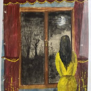 Woman in yellow dress gazing at the moon through a window, with red curtains framing a dark, wintry night scene.