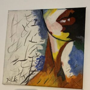 Abstract portrait painting with vibrant red lips, colorful shapes, and dynamic lines by Joël Lesdema