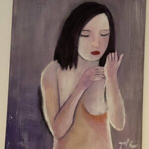 Expressionist painting of a pensive woman with closed eyes and raised hands, on a violet background