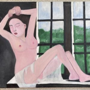 Nude woman reclining in front of a window with a peaceful green landscape in the background, painted by Joël Lesdema.