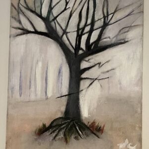 Bare winter tree with exposed roots in a misty, monochromatic forest, painted by Joël Lesdema.
