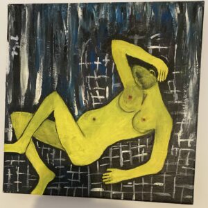 Abstract nude figure in yellow reclining against a dark textured background, painted by Joël Lesdema.