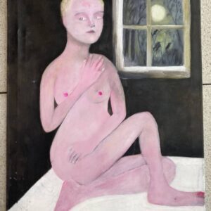 Painting of a pale nude figure sitting on a bed near a window with a full moon, signed by Joël Lesdema.