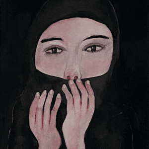 Portrait of a veiled woman with expressive eyes and covered mouth, painted by Joël Lesdema.